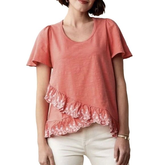 Matilda Jane Eureka Springs Embroidered Ruffle Top Size Small Coral Eyelet Tee - Picture 3 of 10